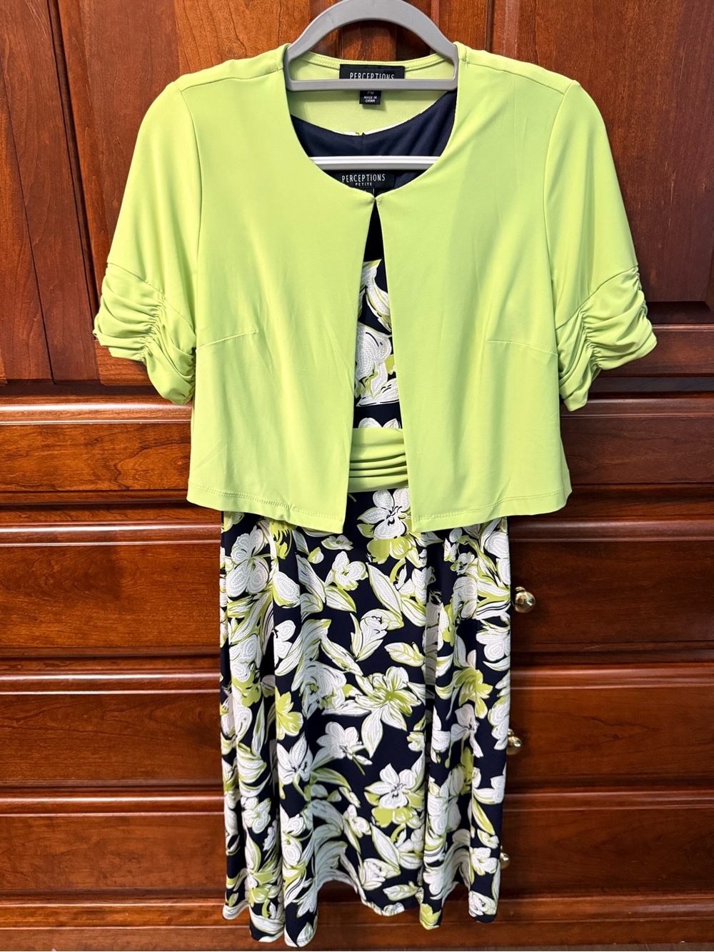 Perceptions Women’s Floral Dress with Matching Lime Green Bolero